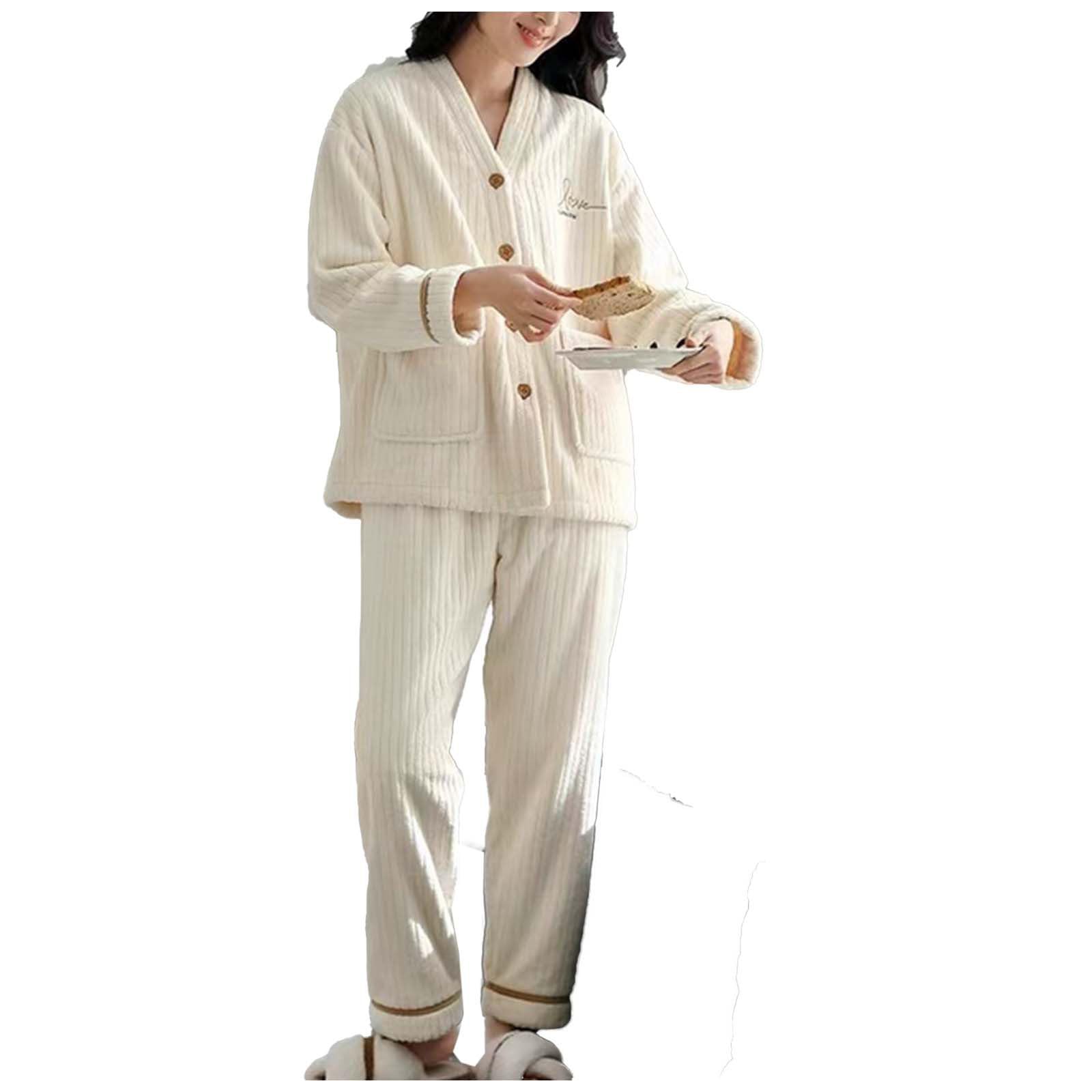 Pyjama Femme 2 Pièce Hiver Pilou Polaire Ensembles De Pyjama Femme Cachemire Huat Col en V Boutons Et De Bas en Peluche Épais Et Chaud Loungewear Vêtements De Nuit Noel avec Poche