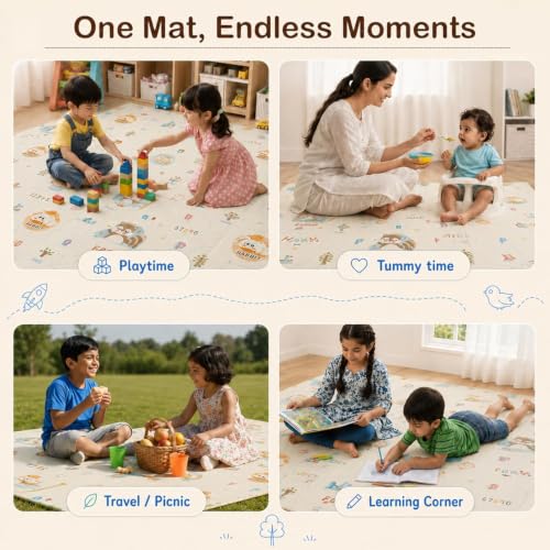 Image of StarAndDaisy Foldable Baby Play Mat 6 x 6.5 ft, 8MM Thick XPE Foam Playmat, Reversible 2-in-1 Design, Lightweight Cushioned Floor Mat for Crawling, Playing & Learning