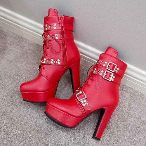Bellirala Women's Studded Buckled Combat Boots Chunky Platform Ankle Booties Goth Punk Lace Up Knight Biker Boots Zipper High Heels2