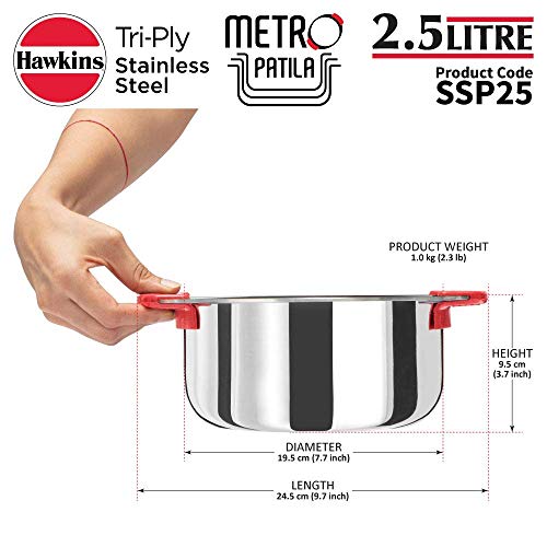 Image of Hawkins Tri-Ply Stainless Steel Metro Patila /Tope /Cook-N-Serve, 3 Pieces Combo Set, 1.5 L, 2 L And 2.5 L, 2.5 Liter, Silver
