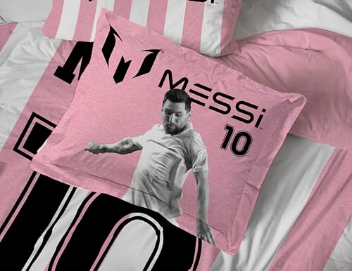 Image of Jay Franco Messi Full Comforter Set 7 Piece Soft Kids Sports Bedding, Pink | Bed in a Bag, Comforter Sheets Shams Pillowcases, Official Product, Soft Microfiber, Machine Washable, Kids Gift