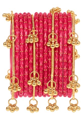 Image of JPS 16 Pcs Trendy Stylish Glass & Kashmiri Ghungroo Bangles Set for Women & Girls | Gold-Plated Traditional Festive Wedding Party Jewellery Chudi Set (12 Glass + 4 Metal)