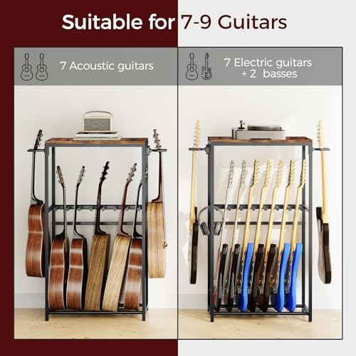 Image of MAHANCRIS Guitar Stand, Guitar Rack for Acoustic Holder, Electric Guitar, Bass, Multiple Guitar Rack Holder for Guitars, Guitar Amp Accessories, for Home Music Studio, Rustic Brown and Black GSHR6701