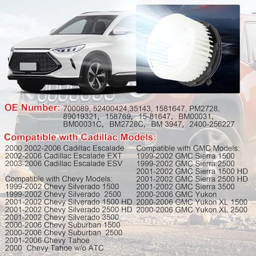 Image of HVAC Heater Blower Motor Fit for Chevy Silverado Avalanche 1500 2500 | Suburban Tahoe, for GMC Sierra Yukon ,for Cadillac Escalade 1999 2000 2001 2002 2003 2004 2005 2006 Replace# 700089