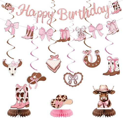 Roetyce Cowgirl Birthday Party Decorations Pink Glitter Happy Birthday Banner Hanging Swirls Centerpieces for Girls Women Boots and Bows Party Supplies Western Cowgirls First Rodeo Photo Backdrop