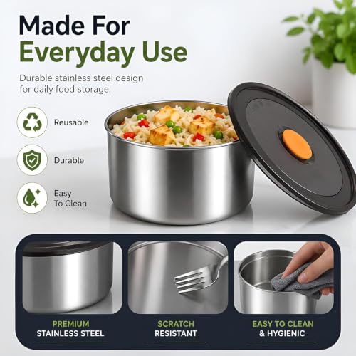 Image of Sinbyuer Stainless Steel Lunch Box 500ML with Airtight Lid, Food Storage Container for Office, School & Travel, Reusable Steel Tiffin Container for Snacks, Meals & Leftovers (2)