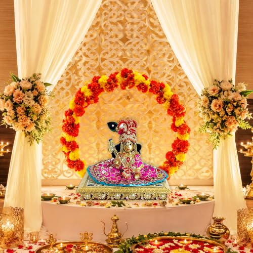 Image of Special You Janmashtami Decoration Items with White Round PVC Backdrop Stand for Decor & Backdrop Cloth for Decorations Pooja, Varalakshmi Pooja Decoration Items- Set of 9 pcs