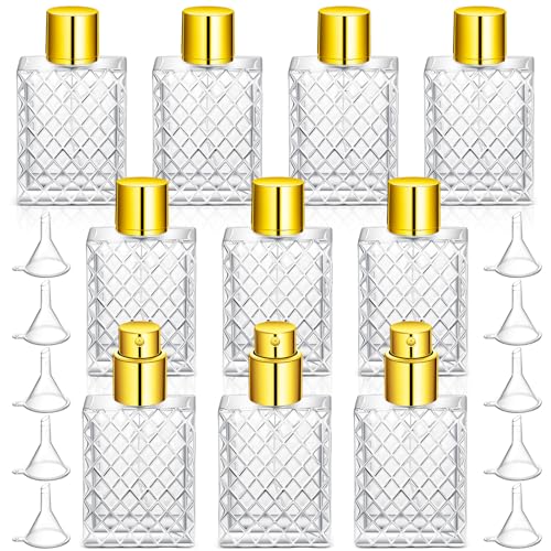 Zhehao 10 botellas de perfume de vidrio de 100 ml de 3.4 onzas, atomizador de niebla fina, recargable, con 10 embudos, atomizador de perfume portátil vacío, recipiente de aceite esencial transparente