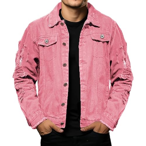 Men Casual Distressed Jacket Classic Fit Trucker Style Denim Shirts Regular Outerwear Cowboy Cut Fashion Jean Coat Tops
