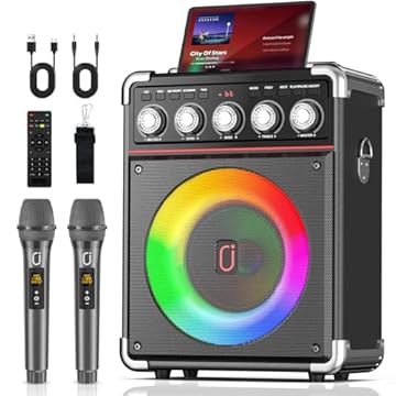 JYX Caixa de Som com 2 Microfones, Caixa de Som Bluetooth para Adultos e Crianças, Caixa de Som Karaoke com Ajuste de Graves/Agudos, Sistema de PA com Controle Remoto, Suporte para REC/USB/AUX/TF