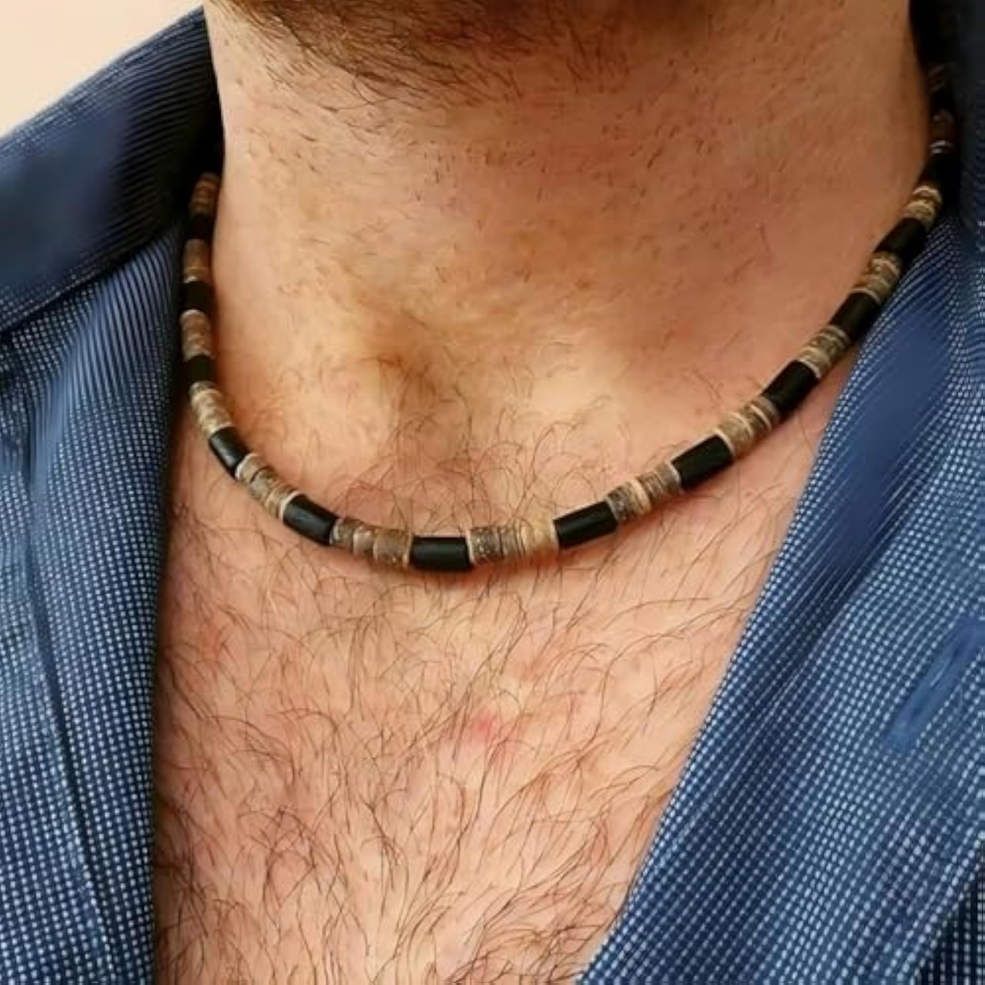Men's Surfer Beaded Choker Necklace, Puka Shell & Wood Beads
