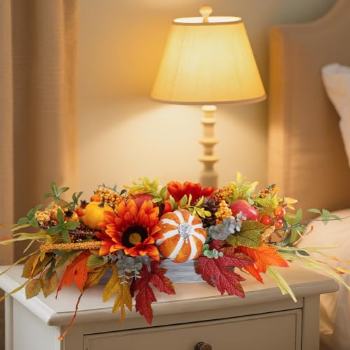 Image of Fall Centerpieces for Tables 28 inch Fall Table Centerpiece for Dining Table | Autumn Thanksgiving Table Centerpieces with Sunflowers,Pumpkins & Maple Leaves for Dining Room,Kitchen Table Decorations