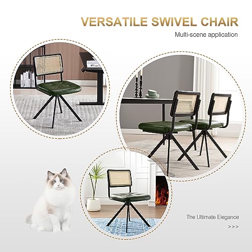 Image of Zesthouse Rattan Desk Chair No Wheels, Mid Century Modern Home Office Chair with Cane Mesh & Wooden Back, Vintage Faux Leather Swivel Accent Chair, Upholstered Armless Computer Task Chair,Green
