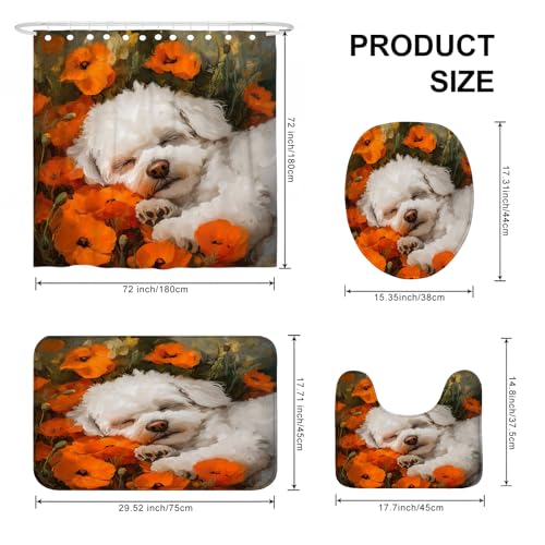 Ensemble rideau de douche imperméable et tapis antidérapant coquelicot