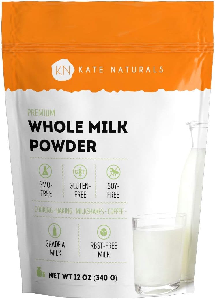 Kate Naturals Dry Whole Milk Powder for Baking, Coffee & Milkshakes (12oz) RBST-Free, Made in USA, Dried Powdered Substitute For Liquid Milk