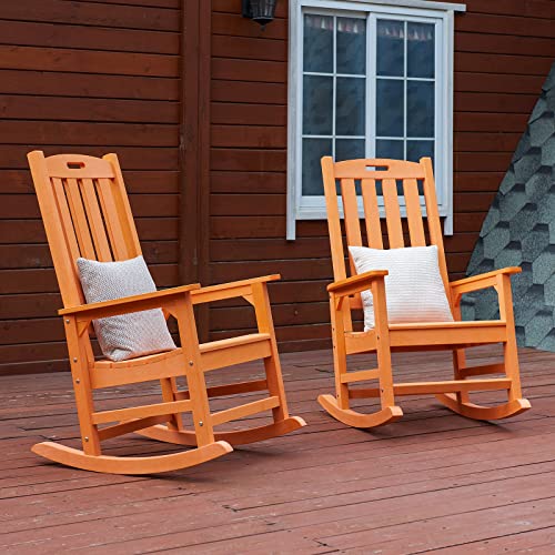 Psilvam Patio Rocking Chairs Set Of 2, Poly Lumber Porch Rocker With High Back, 350Lbs Support Rocking Chairs For Both Outdoor And Indoor, Poly Rocker Chair Looks Like Real Wood (2, Orange) #TOP7