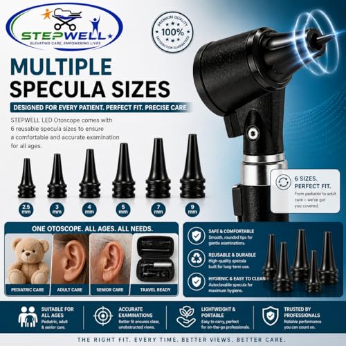 Image of STEPWELL LED Otoscope (White Light) Pocket Scope, with Battery Handle (Black)