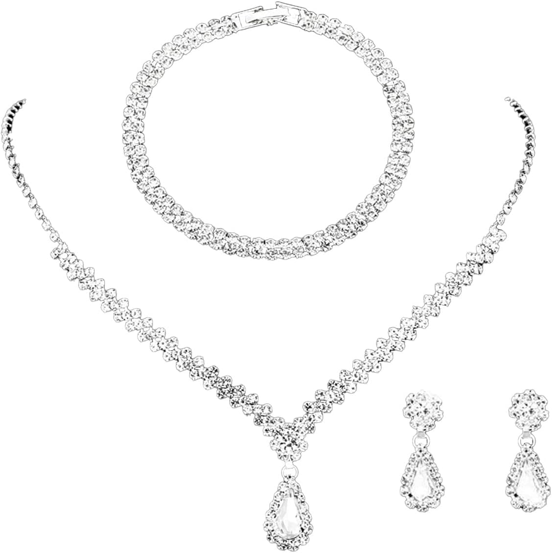 Bridal Wedding Jewellery Set Silver Rhinestone Necklaces Bracelet and Earrings Set Sparkly Crystal Dangle Drop Earrings Pearl Jewellery Set for Bridal Bridesmaid Party