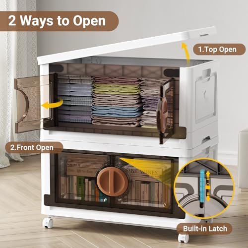 Image of BROVIEW 480Qt Lockable Stackable Storage Bins with Lids, Closet Organizers and Storage Drawer, Collapsible Storage Bin with Wheels, Plastic Cabinet for Toy Clothes Dorm Organizer, V9 4 Pack Brown