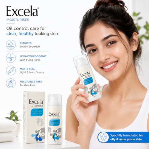 Image of Excela Moisturiser for Oily & Acne Prone Skin, Matte Feel, Non-Comedogenic, Fragrance Free, 50g