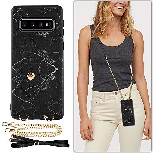 LAMEEKU Leather Wallet Case for Samsung Galaxy S10 Plus, 6.4(2019), Shockproof Credit Holder Case Purse with Crossbody Strap and Lanyard for Galaxy S10+(Marble Black)