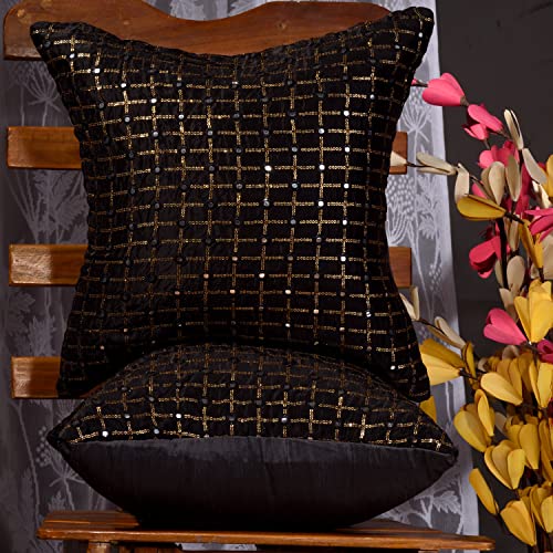 Image of Black Cushion Covers 12x18 Set of 2, Embroidered Cushion Covers, Fancy Rectangular Cushion Covers, Festive Mirror Work Cushion Covers, Black Kusan piloo Set
