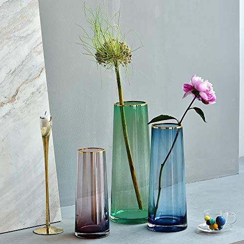 Vase Flower Arrangement Optic Color Glass Vases with Golden Rim Decor Table Centerpieces Trumpet Shape Accent for Dining Living Room Wedding Gift, 10.6'' H x 3.9'' D, Blue - Image 7