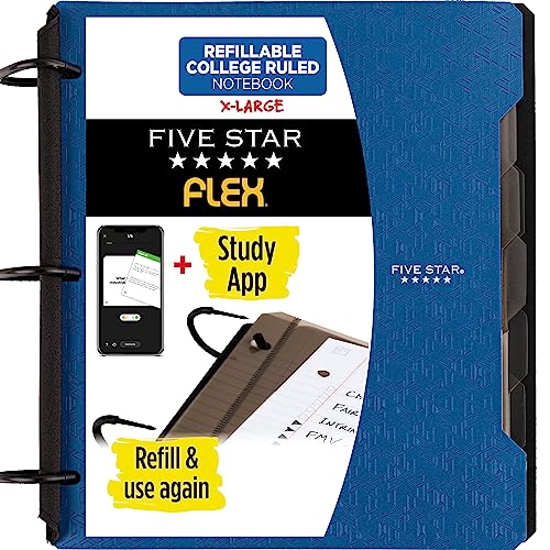 Five Star Flex Refillable Notebook + Study App, College Ruled Paper and 1-1/2 Inch TechLock Ring Binder with Pockets, Tabs and Dividers, 300 Sheet Capacity, Pacific Blue (29324AD2)