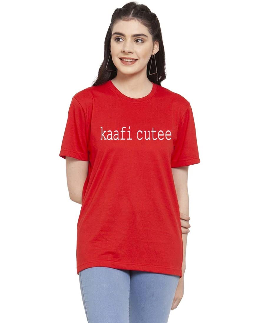 Maxify Women's Cotton Blend Kaafi Cutee Printed T-Shirt (Red, M)-PID42555