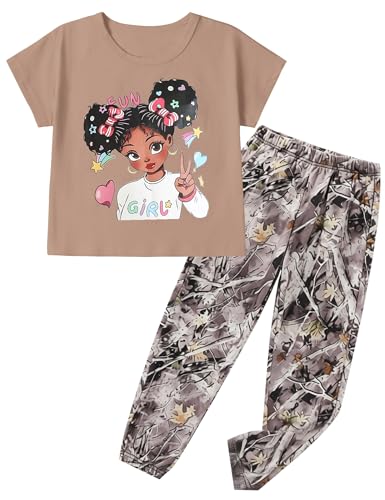 Image of mksodop Girls Outfit Set Graphic T Shirt and Camo Jogger Pants Cute Casual Clothes for Girls 5-16 Years