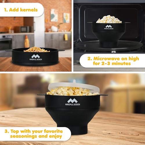 Image of The Original Mindful Design Collapsible Microwave Popcorn Popper - Silicone Bowl, BPA-Free & Dishwasher Safe (Black)