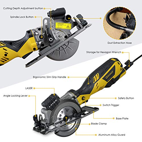 Ginour 4-1/2" Compact Electric Circular Saw Set, 5.8A Circular Saw with Laser Guide, 3 Saw Blades and Scale Ruler Ideal for Wood, Soft Metal, Tile and Plastic Cuts - Thumbnail 2