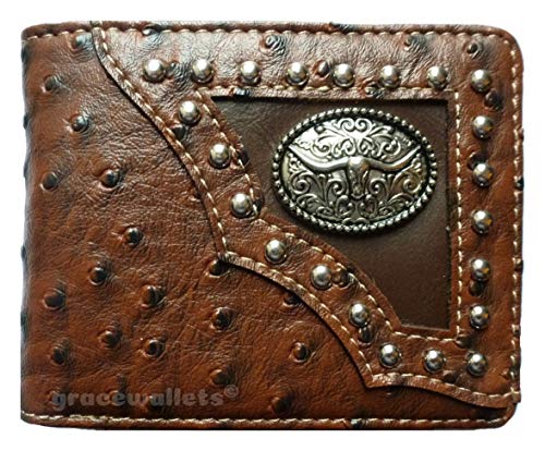 Long Horn Mens Wallet Texas Western Bifold W012-14 Ostrich Brown