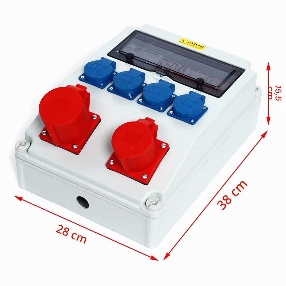 Coffret Électrique de Chantier, avec Disjoncteur Différentiel 63A et Prises 16A/32A, Distribution Mural avec 4 Prises Schuko + 1 Prise 5P 16A + 1 Prise 5P 32A, pour Atelier et Extérieur