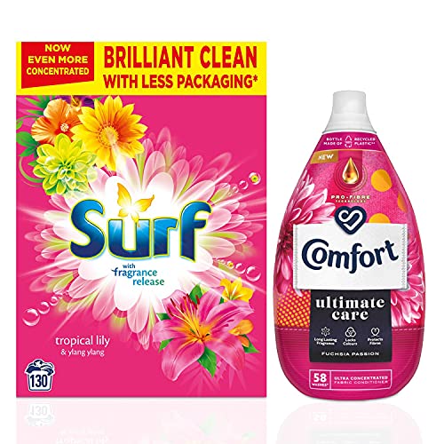 Surf Tropical Lily & Ylang-Ylang Laundry Powder 130 washes 6.5 kg with Comfort Fuchsia Passion Fabric Conditioner 58 washes 870 ml