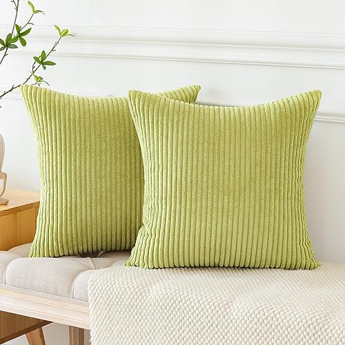 JOTOM Soft Striped Decorative Throw Pillow Covers 24x24 Inch Square Corduroy Cushion Covers 60x60 cm Boho Home Decor Pillowcase Cushion Cases for Sofa Bed Couch Living Room Set of 2 (Bud Green) - Image 4