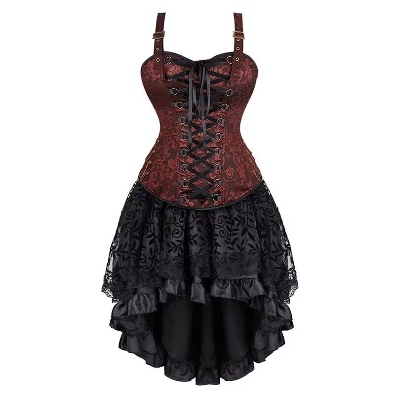 Korsett Kleid Damen Rock Set Steampunk Corsage mit Strapsen Spitze Corset Dress Bustier Korsagenkleid Kostüm Piraten Halloween Braun L