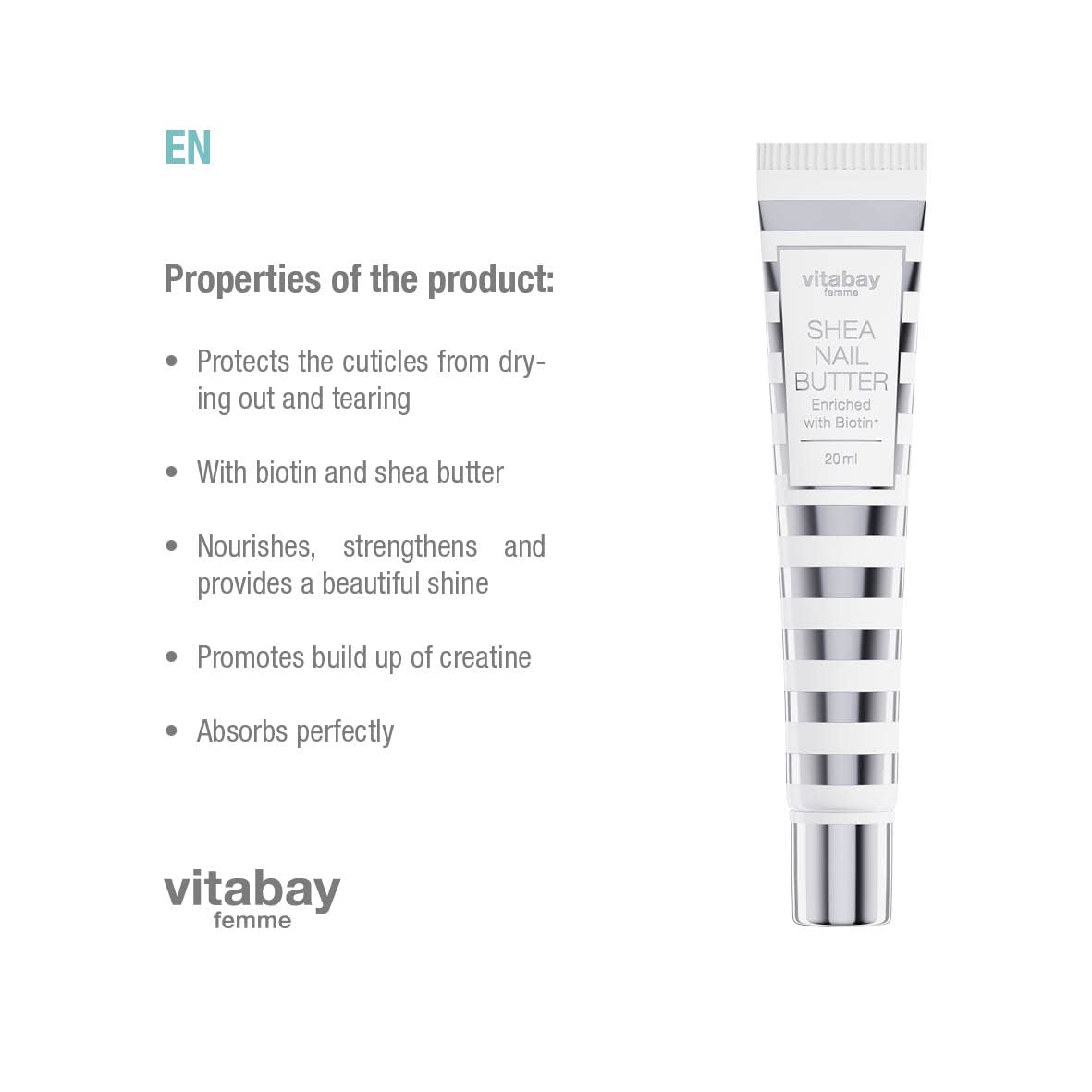 crema de uñas vitabay con biotina/vitamina H y manteca de karité para uñas quebradizas y cutículas secas y agrietadas, (manteca de karité para uñas, 20ml (1 pack))