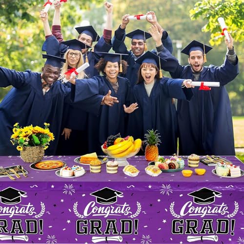 Image of Staraise 2025 Graduation Party Table Decorations 3PCS Purple Graduation Tablecloths,Waterproof Plastic Rectangular Disposable Table Cover for Congrats Grad Cloths Party Supplies,51.2x86.6inch