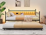 IDEALHOUSE Twin Size Daybed with Trundle, Sofa Bed Frame with Charging Station and LED Lights, Heavy Duty Metal Bed Frame, for Small Spaces, Living Room, Bedroom, Apartment, Black