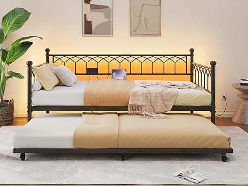 IDEALHOUSE Twin Daybed with Trundle and LED Lights