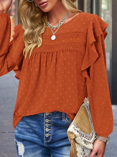 BETTE BOUTIK Womens Boho Fall Long Sleeve Shirts Crewneck Dressy Casual Blouses Trendy Flowy Tops