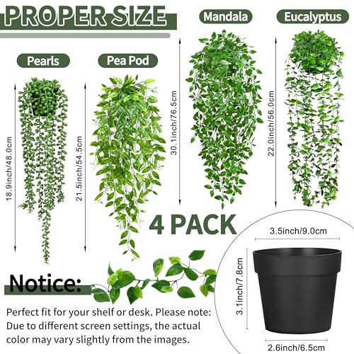 Image of Palonu 4 Pack Faux Artificial Hanging Plants, UV Resistant Fake Potted Greenery with Eucalyptus Vine, Mandala, Pea Pod Leaves & String of Pearls in Pots for Living Room Bathroom Indoor Outdoor Decor