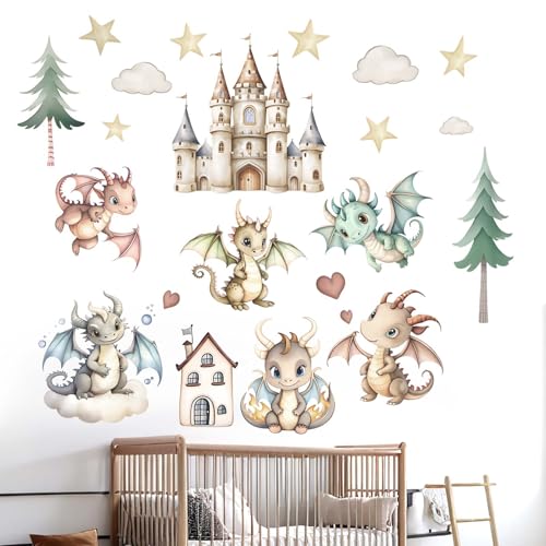 Image of Baby Dragon Wall Stickers for Nursery: Kids Boys Girls Bedroom Wall Decals - Cute Stars Clouds Tree