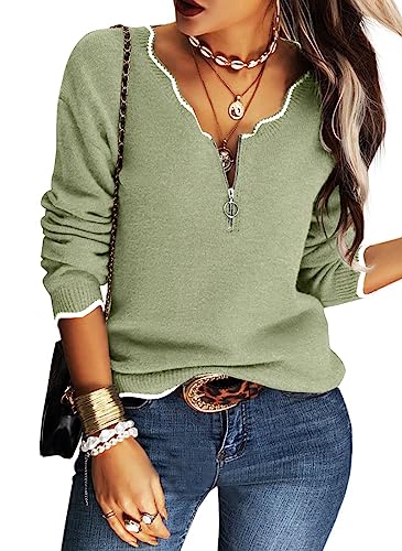 Image of Hongqizo Women's V Neck Long Sleeve Sweater Half Zipper Knit Sweater Casual Cricket Stripe Jumper Pullover Knit Tops