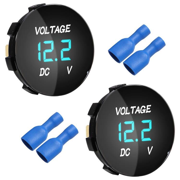 Image of 2PCS DC 12V 24V Car Voltmeter DC 5-48V LED Digital Display Voltmeter 12V Waterproof Voltage Gauge Meter Tester Round Panel with Terminals for Boat Marine Vehicle Motorcycle Truck ATV UTV (Blue Light)