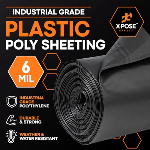 Image of Xpose Safety Black Plastic Sheeting - 20' x 100' Roll, 6 Mil - Heavy Duty Poly Sheet - Waterproof, Dustproof, Vapor Barrier - for Construction, Painting, Industrial Use