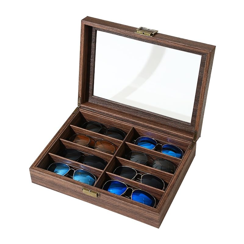 ENGENDER Estuche Para Gafas Caja de almacenamiento gafas sol 8 rejillas cuero con veta madera retro, gran capacidad, ideal for viajes y familias