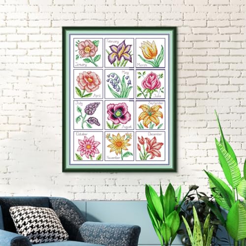 Image of Qeerysew Cross Stitch Kits Stamped Full Range of Embroidery Starter Kits for Beginners DIY- Printed kit Year-Round Flowers(Printed) 14CT17.7x22inches