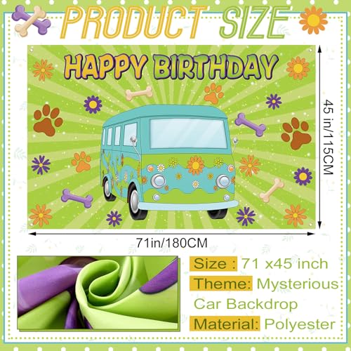 Image of MotiMind Mysterious Dog Party Supplies Cartoon Car Happy Birthday Backdrop Groovy Daisy Banner Hippie Paw Print Photo Background Poster for Retro Birthday Party Decorations, 71 x 45